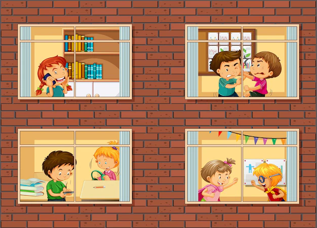 apartment windows with neighbors cartoon character 1308 92958 ईर्ष्यालु पड़ोसी की कहानी: Jealous Neighbor Story in Hindi
